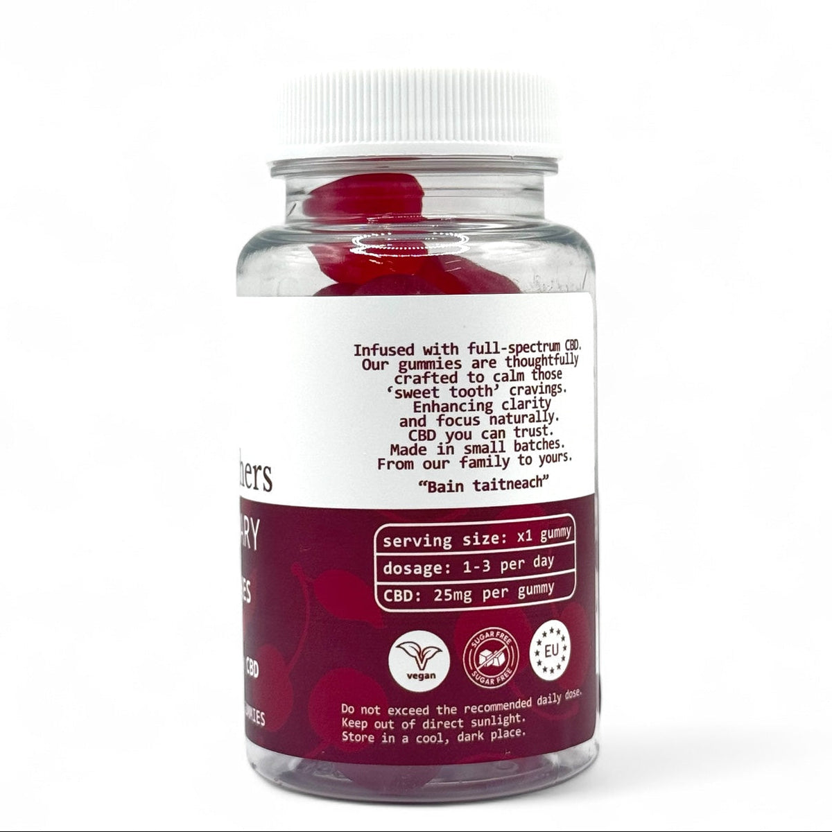 BudBrothers full-spectrum CBD cherry gummies in a clear plastic jar with white label and lid