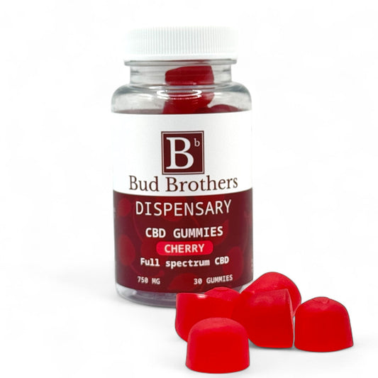 BudBrothers full-spectrum cherry CBD gummies in a clear jar with 750mg total CBD content.