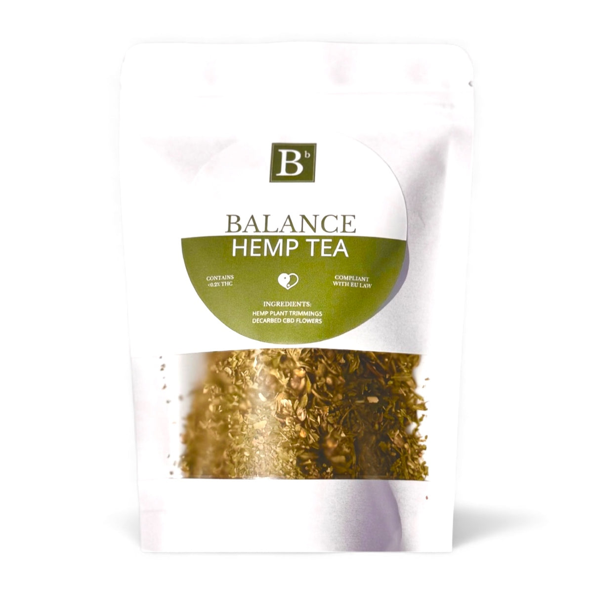 Balance Hemp Tea package with visible tea leaves on a white background