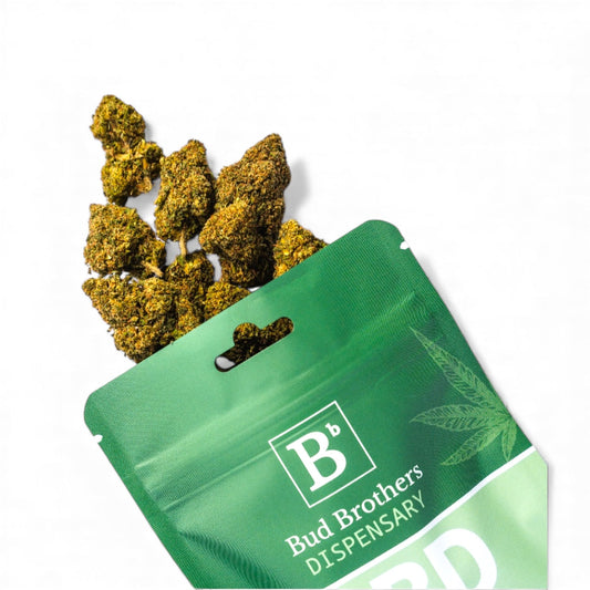 Green packaging with cbd buds labeled 'Bud Brothers Dispensary' on a white background