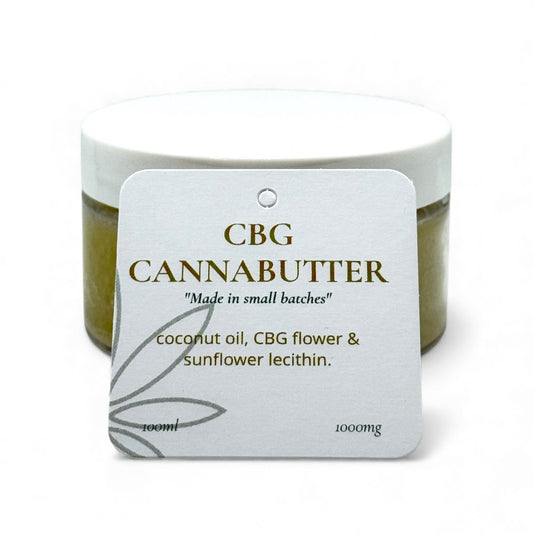 Jar of CBG Cannabutter with a label on a white background